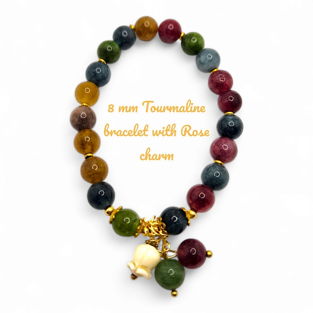 8 mm Tourmaline bracelet with Rose charm